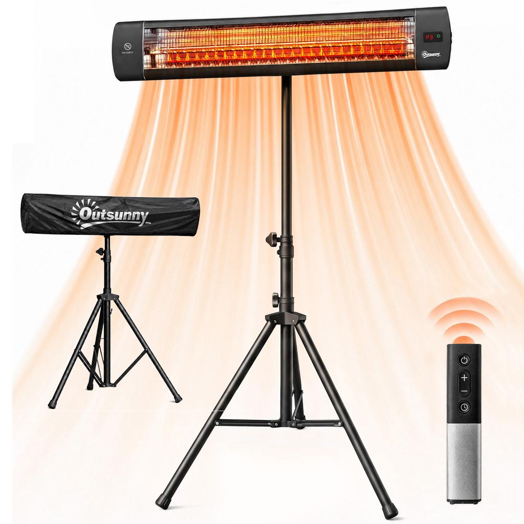 Infrared Radiator On Stand 2500 W IP65 Remote Control Timer 3 Levels Adjustable Height 87x81x180cm Black