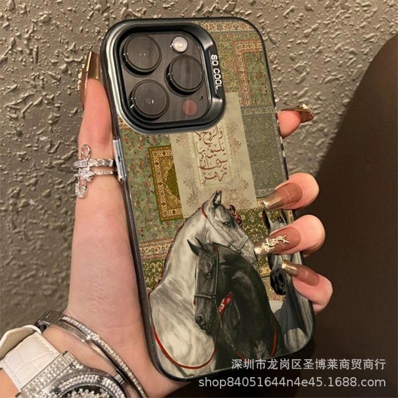 Ретро черно-белая лошадь для Apple 15 цвет серебристый iPhone14Pro креативный 11promax матовый 16 защитный чехол X