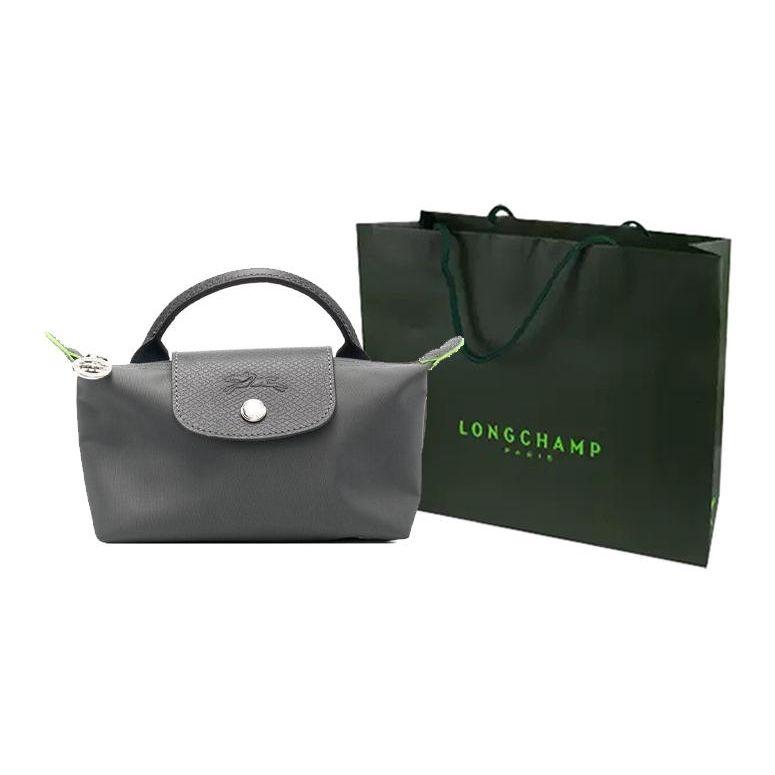 Longchamp Le Pliage Green 17 Однотонная Сумка-косметичка на молнии и кнопке с короткими ручками, Кожаная отделка, Сумка-тоут Женские сумки Графитовый-серый 34175919P66