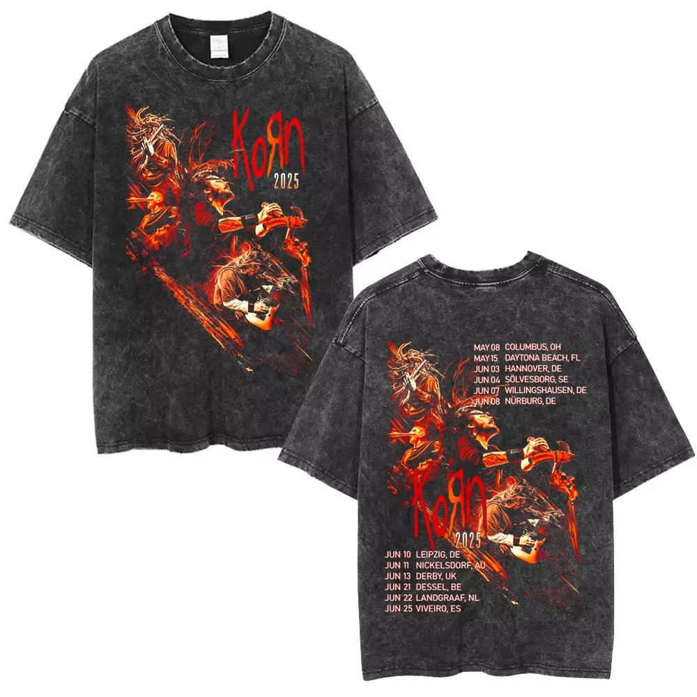 Summer Hot Sale Washed Vintage Korn Tour 2026 Merch T Shirt Unisex Gothic Rock Pop Music Tshirt Y2k Cotton Oversized Tshirts