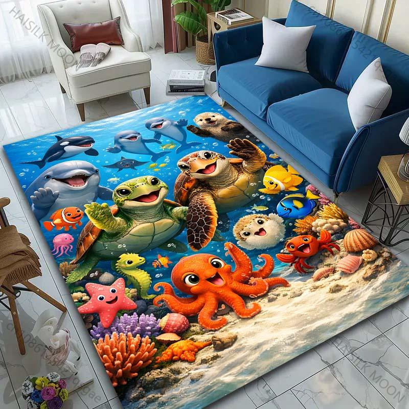 1PC Ocean animals happy gathering Print Carpet Rug for Living Room Bedroom Sofa Doormat Home Decor Non-slip Floor Mat