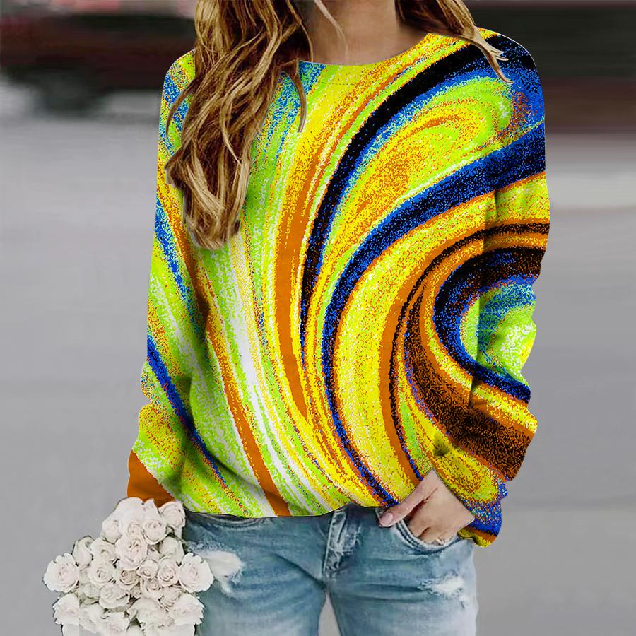 Tops For Women Oil Painting of Rivers Print Round Neck Long Sleeve T-shirt Fall Casual Slim Pullover Women's Long Sleeve Top