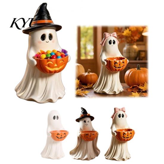 Halloween Party Table Centerpieces Resin Ghost Statue with Pumpkin Candy Bowl for Decor, Reusable Seasonal Tabletop Accents Cute Desktop Organizer