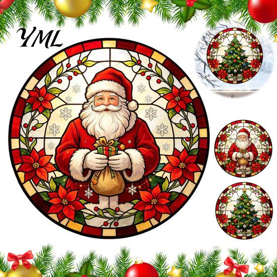 Removable Static Window Film Round Christmas Sticker, Stained Glass Style, Tree Decorations Cling, Santa Claus PVC Decal for Holiday Home Decor Clings