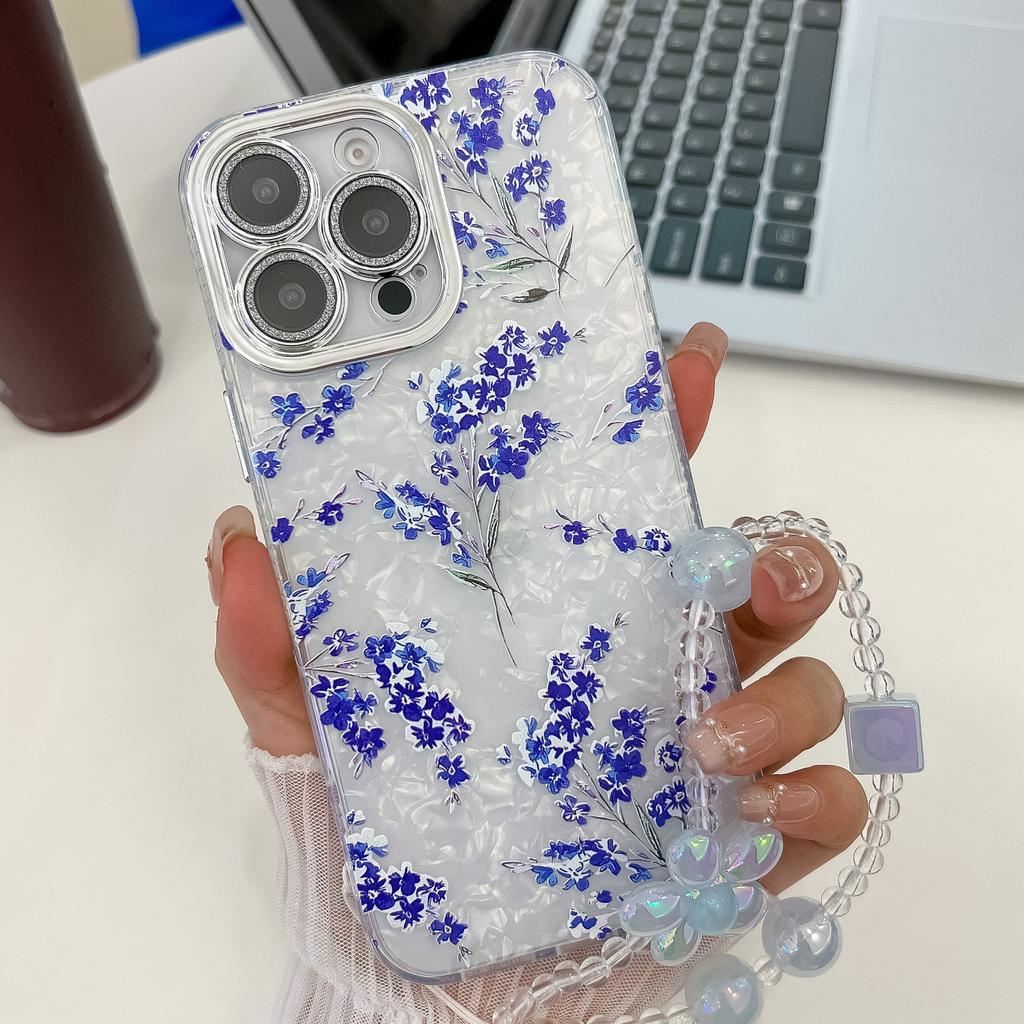 For Apple 16E Flower Phone Case for IPhone 15 Promax with Bracelet Sparkling Pink Lens Film Hard Case
