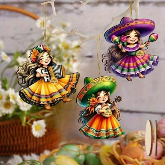 Yousheng 12 шт. Мексиканские танцующие девушки Украшение Cinco De Mayo Подвесное украшение Деревянное Fiesta Mexico Украшение для карнавалов Подарки на вечеринку Домашнее дерево