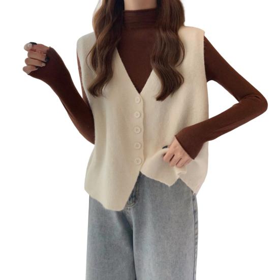 Осень-зима Женский жилет с V-образным вырезом на пуговицах Однотонный свободный трикотажный толстый сохраняющий тепло свободный свитер без рукавов