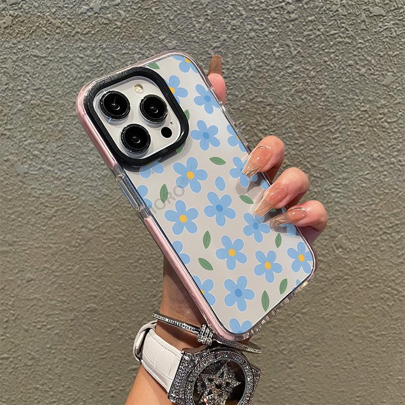 Полноэкранный светло-голубой чехол для телефона с цветочным принтом, iPhone 17 Gentle Style, Apple 16 Pro с большим прозрачным вырезом