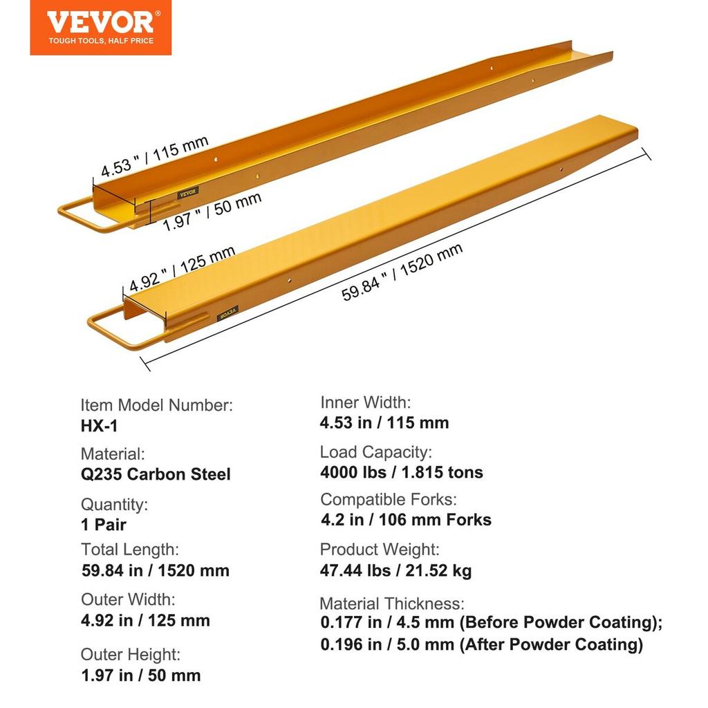 Pallet Fork Extensions, 60" Length 4.5" Width, Heavy Duty Carbon Steel Fork Extensions for Forklifts, 1 Pair Forklift Extensions, Industrial Forklift