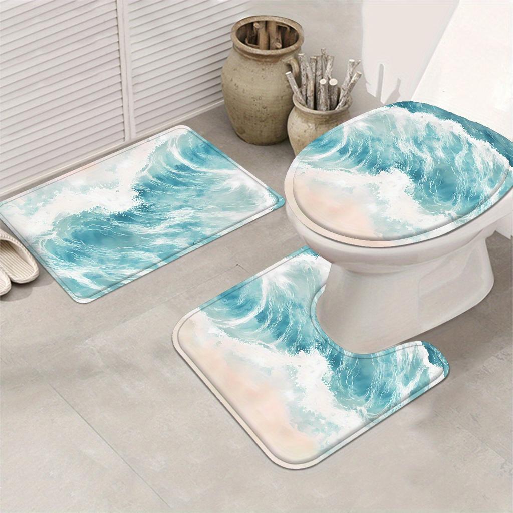 4pcs Luxury Abstract Ocean Wave Waterproof Shower Curtain Set Decorative Bathroom Set Non-Slip Carpet Toilet Cover Bath Mat And 12 Hooks