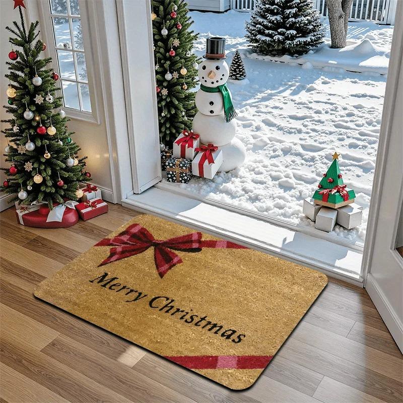 Merry Christmas Bow Door Mat Pattern Bow Letter Printed Carpet Christmas Holiday Indoor and Outdoor Entrance Decoration