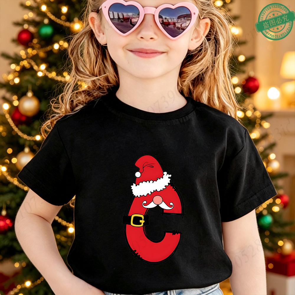 Cute Santa Hat Beard 26 A‑Z Alphabet Graphic Children Christmas T‑Shirt Cotton Short Sleeve Boys Girls Winter Festival Party Tee