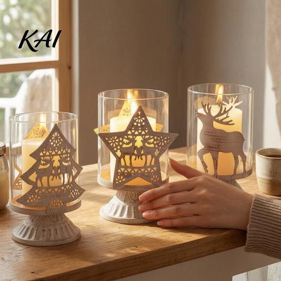 Holiday Gift for Her 2Pcs Christmas Hollow Metal Candle Holder, Vintage Tabletop Tealight Lantern, Xmas Glass Lamp Elk, Tree, Star & Heart Silhouette