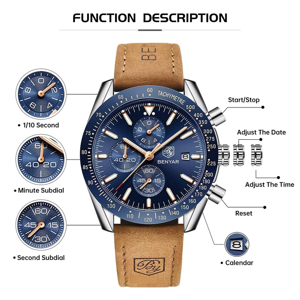 BY BENYAR Watch Watch Chronograph Analog Watch 30M Waterproof Business Simple Stylish Popular Formal Leather Belt Quartz Watch Gift for Men Brown