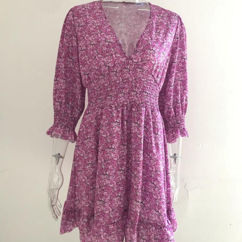 GMXIA Платье миди с приталенным пуловером в стиле бохо с короткими рукавами и цветочным принтом