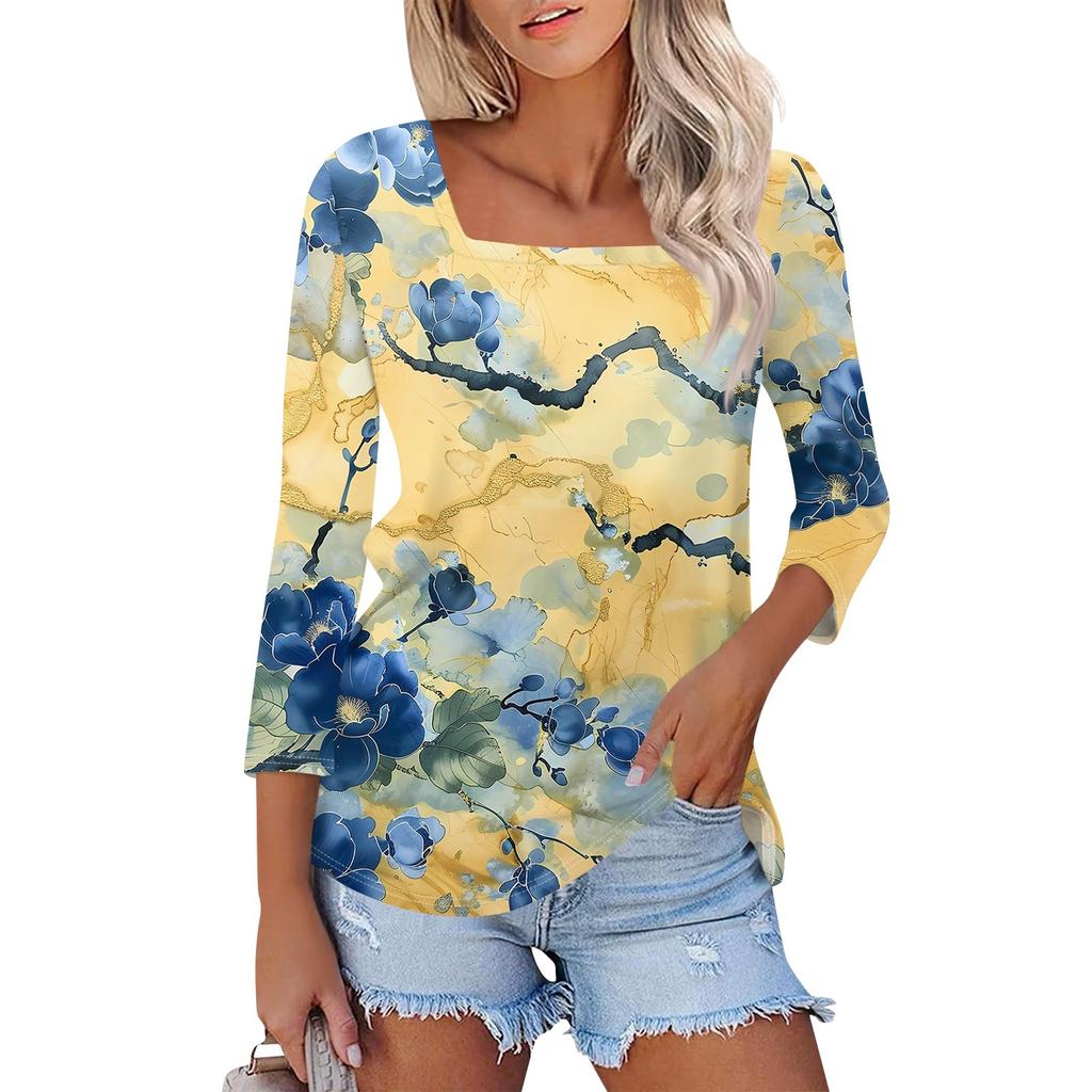 Shirt For Women's Fashion Casual Square Neck 3/4 Sleeve Loose Printed T-Shirt Ladies Top