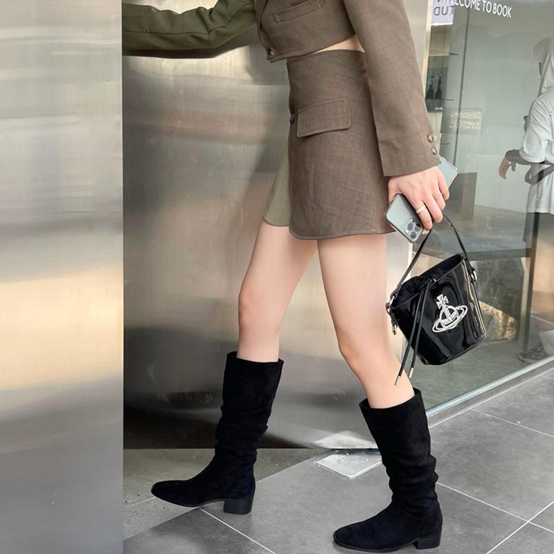 Женские сапоги до колена с круглым носком, черные, бежевые, зимние туфли-лодочки на плоской подошве, новинка 2024 года, ботильоны-рыцари