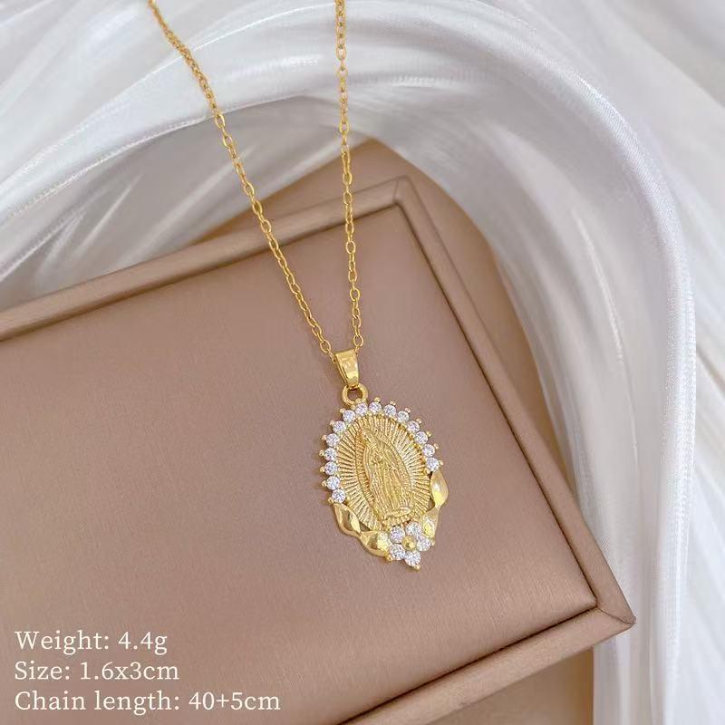Gold Plated Mary Necklace CZ Inlaid Heart Choker Titanium Steel Religious Jewelry Gift for Women