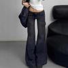 Women's Retro Low-Waist Flared Cargo Jeans - Wide Leg, Floor-Length, Autumn Style