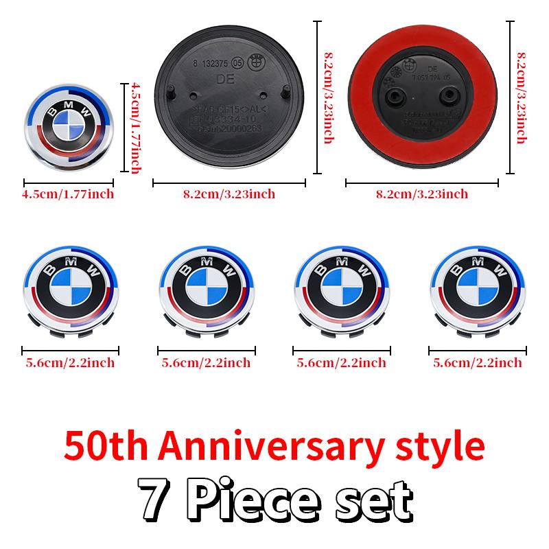 7Pcs Car Front Rear Logo Hub Center Cover Steering Wheel Center Emblem Stickers 50th Anniversary For BMW E60 E93 G01 E87 G20 NS1