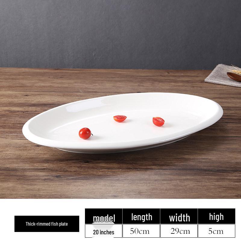 Extra Large Thickened Oval Ceramic White Steaming Fish Plate for Restaurants