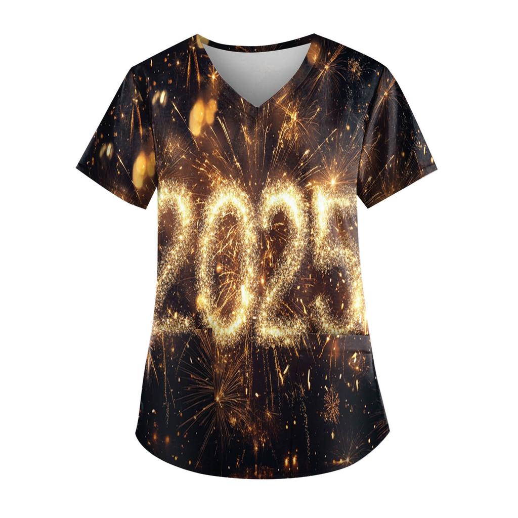 Women's Fashion New Year Printed Short Sleeve V-Neck Top Small Pocket Work T-Shirt