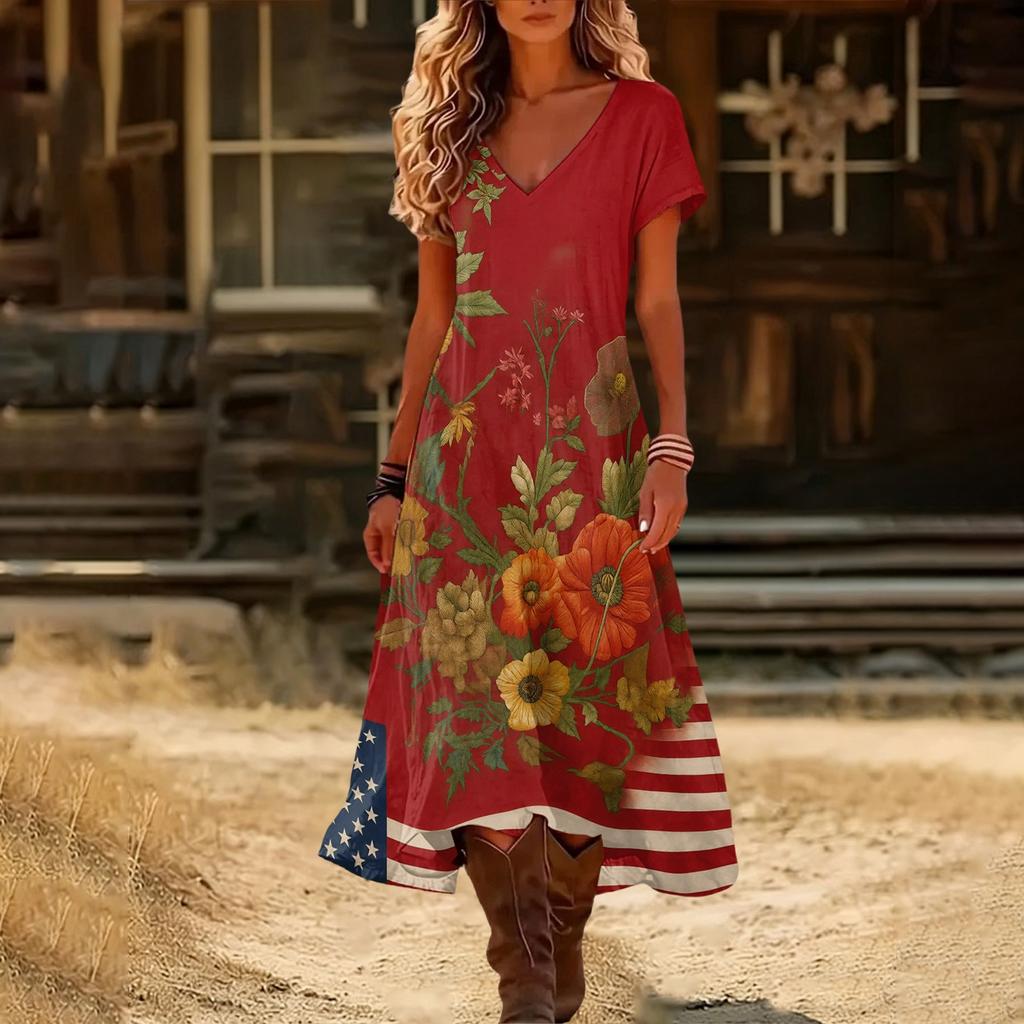 Women’s Short Sleeve V Neck Maxi Dress with Floral Print and Flag Pattern Casual Loose Fit Summer Dress