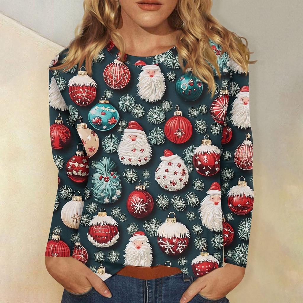 Женская мода повседневный рождественский принт круглый вырез длинный рукав пуловер топ