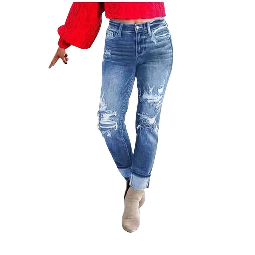 Джинсовые брюки для женщин, женские потертые рваные повседневные уличные джинсы в стиле хип-хоп со средней посадкой и прямыми штанинами
