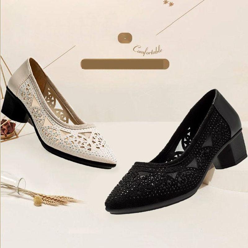 Женские сандалии, сетка, полый дизайн, украшения со стразами, женские сандалии из мягкой кожи, противоскользящая мягкая подошва, дышащие туфли на высоком каблуке для поездок на работу