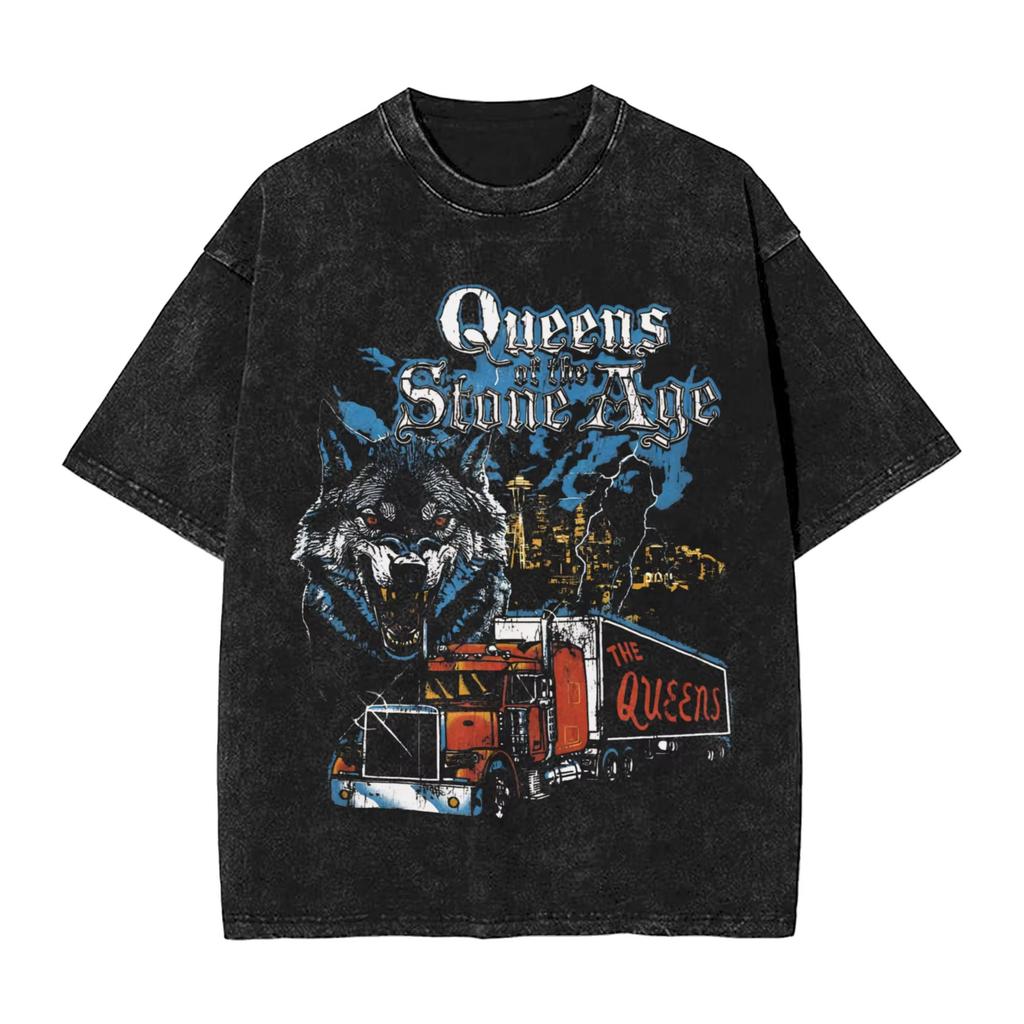 Retro Queen of The Stone Age Band Men's T Shirt Washed Humor Tees Short Sleeve Round Collar T-Shirt Pure Cotton Clothes