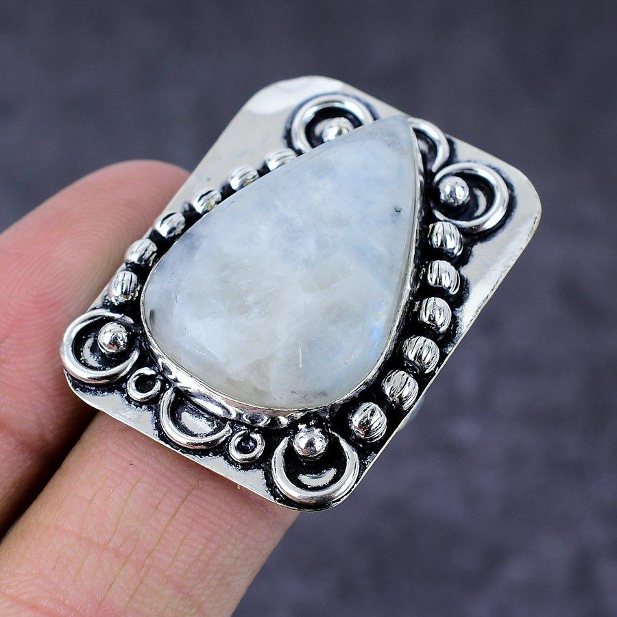 Лунный камень Драгоценный камень Ручной работы 925 Стерлинговое серебро Подарок Ювелирное изделие Кольцо Размер 7 e7F52