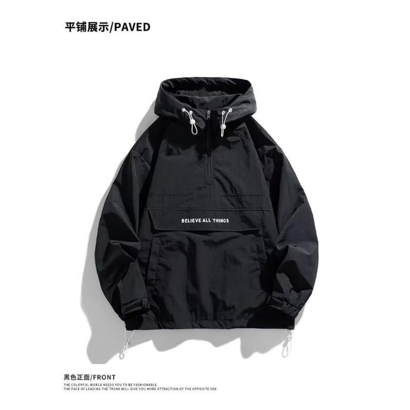 Men Hooded Half Zip Loose Workwear Jacket Spring Autumn