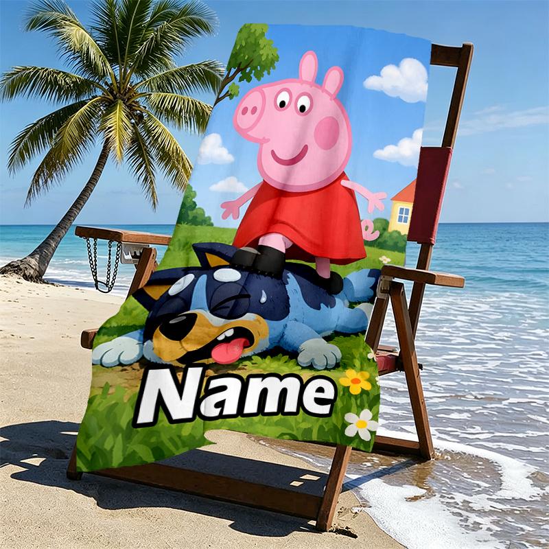 Custom Name Personalized Pink Pig Print Beach Towel, for Trip Camping Beach Party Home Decor, Birthday Gift for Family & Friends