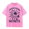 2026forever Chasing Sunsets Vintage Sun Palm Tree Ocean Graphic Beige Washed T Shirt Summer Beach Vacation Casual Oversized Unis