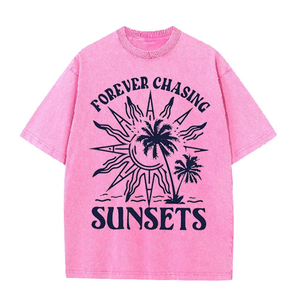 2026forever Chasing Sunsets Vintage Sun Palm Tree Ocean Graphic Beige Washed T Shirt Summer Beach Vacation Casual Oversized Unis