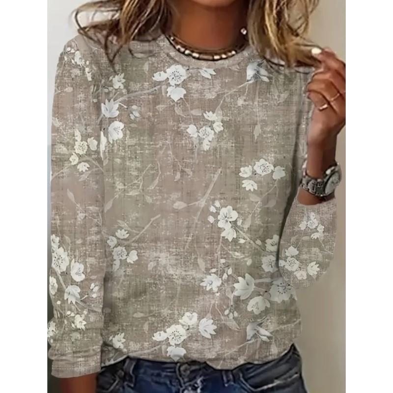 New Women Long Sleeved Round Neck Pullover T-shirt Top with Elegant and Fashionable Floral Print Casual Style T-shirt for Women