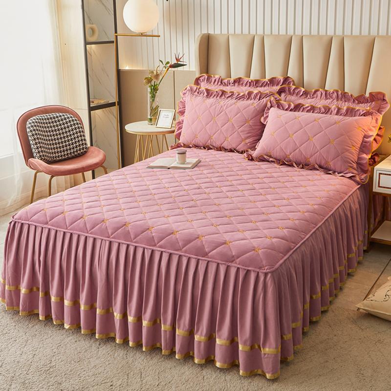 Сплошной цвет стеганая юбка-кровать Покрывало цельное утолщенное покрывало из трех предметов 1,5 м 1,8 X2,0 кружевное покрывало с листьями лотоса