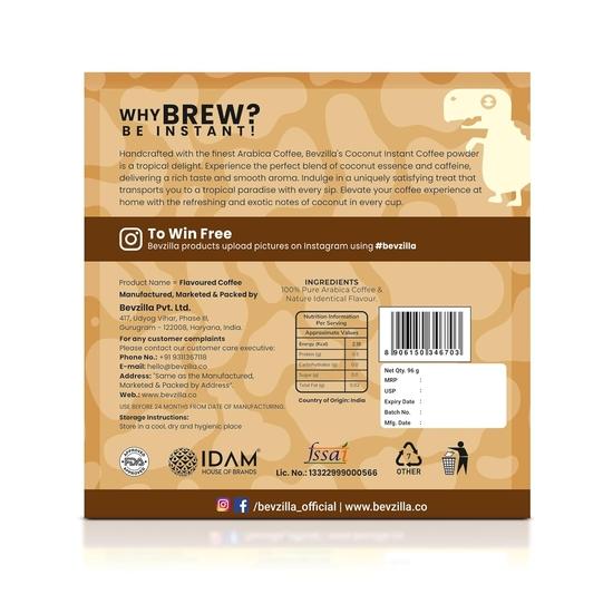 Bevzilla 48 пакетиков растворимого кофе (Кокос) - 96 грамм | Хватает на 48 чашек | Кофе Арабика | Легко носить с собой