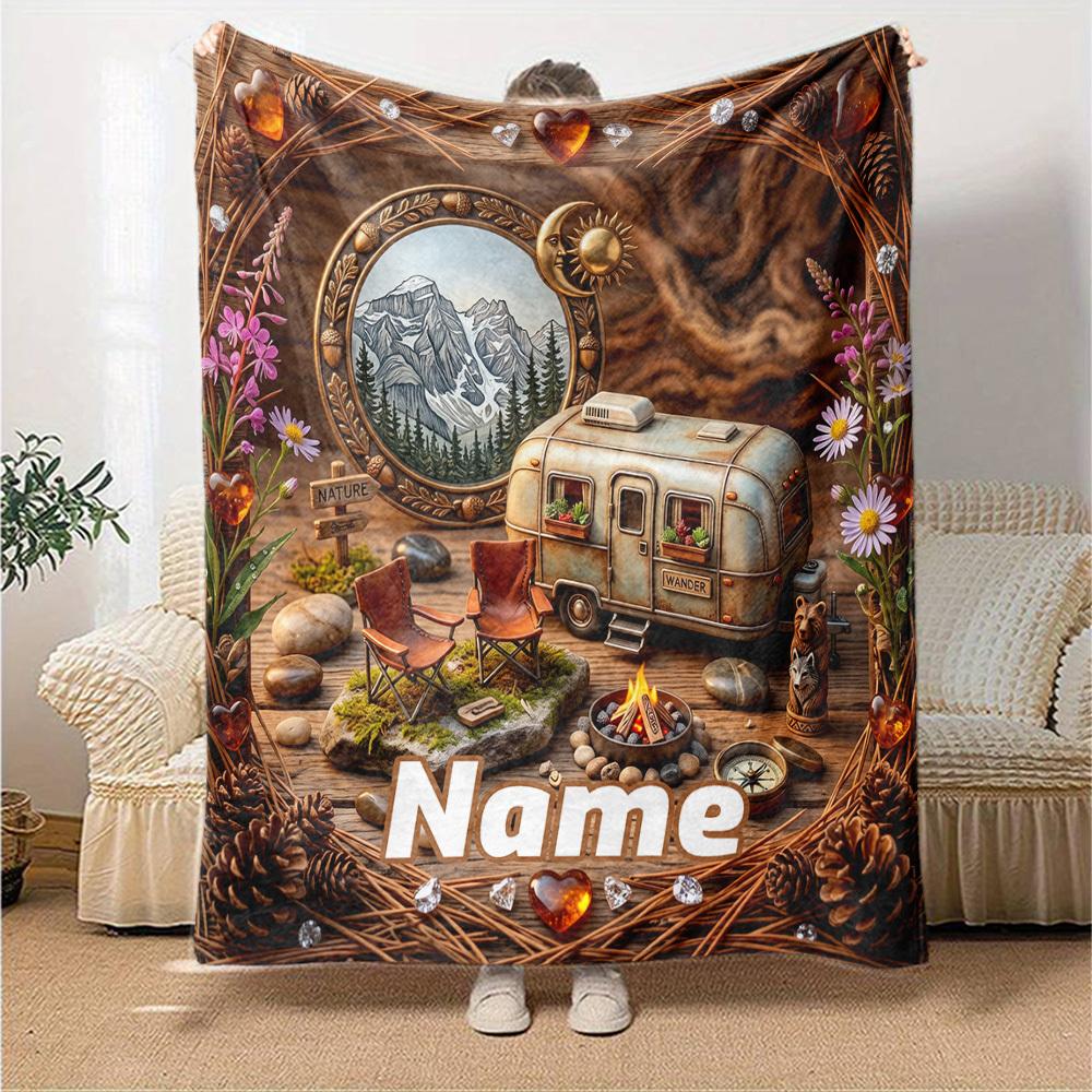 Campfire Adventure Natureinspired Camping Scene Customize Your Name Home Blanket Comfortable Soft Lightweight Allseason Multipurpose Blanket For