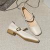 Soft Leather Single Shoes Women's Spring Style Shallow Mouth Square Head Thick Heel One-word Buckle Mary Jane Shoes Square Head Grandma Shoes