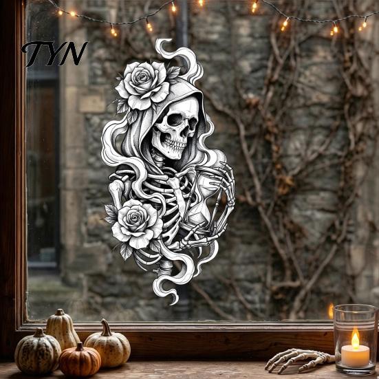 Decorative Window Film for Home Halloween Skeleton And Rose Static Clings, Removable Sketch Skull & Cling Flower Glass Sticker, Waterproof PVC