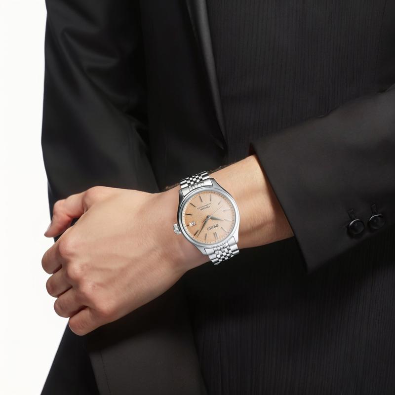 Seiko Водонепроницаемость 100 метров Автоматический/ручной механический механизм Стальной ремешок Мужские часы Оранжевый циферблат SARX125