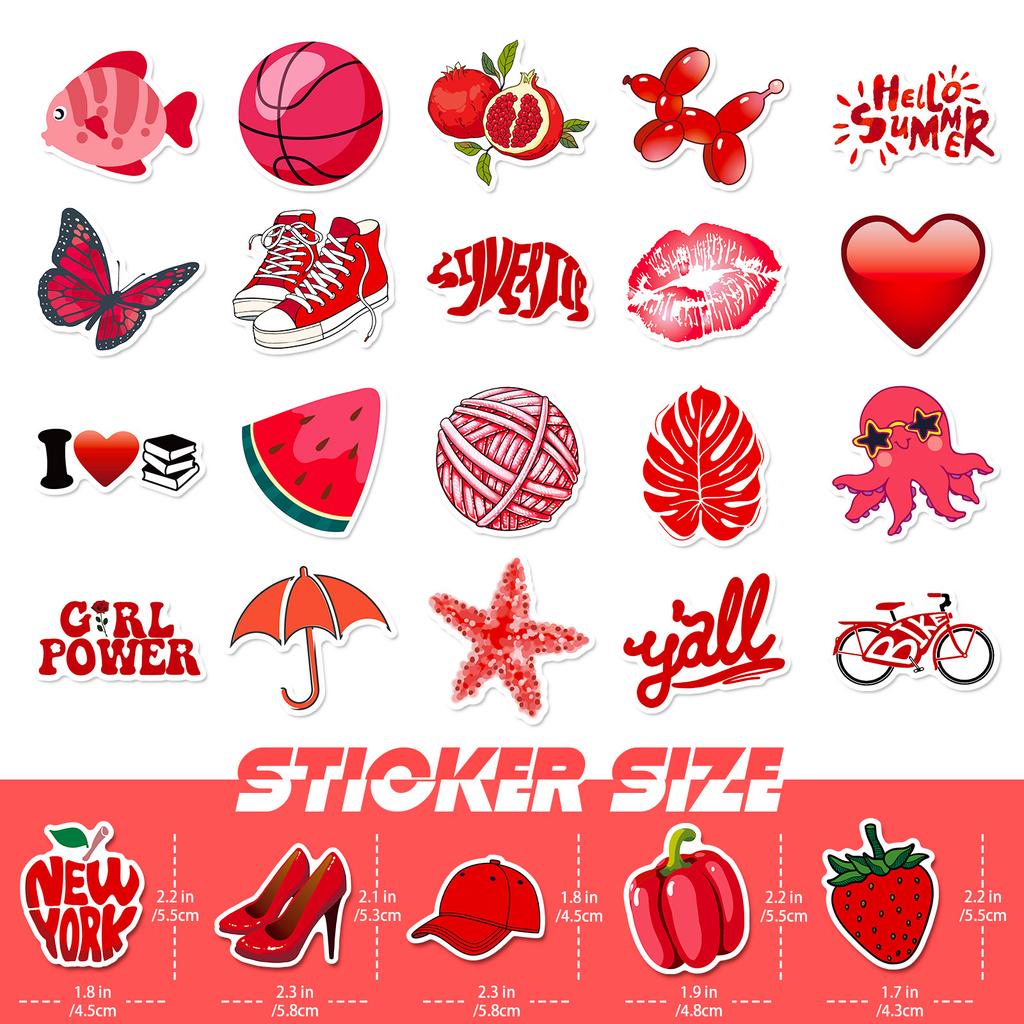 50 Pcs New Red Mixed Stickers VSCO Red Small Fresh Stickers Cute Cartoon Personalized Luggage Stickers