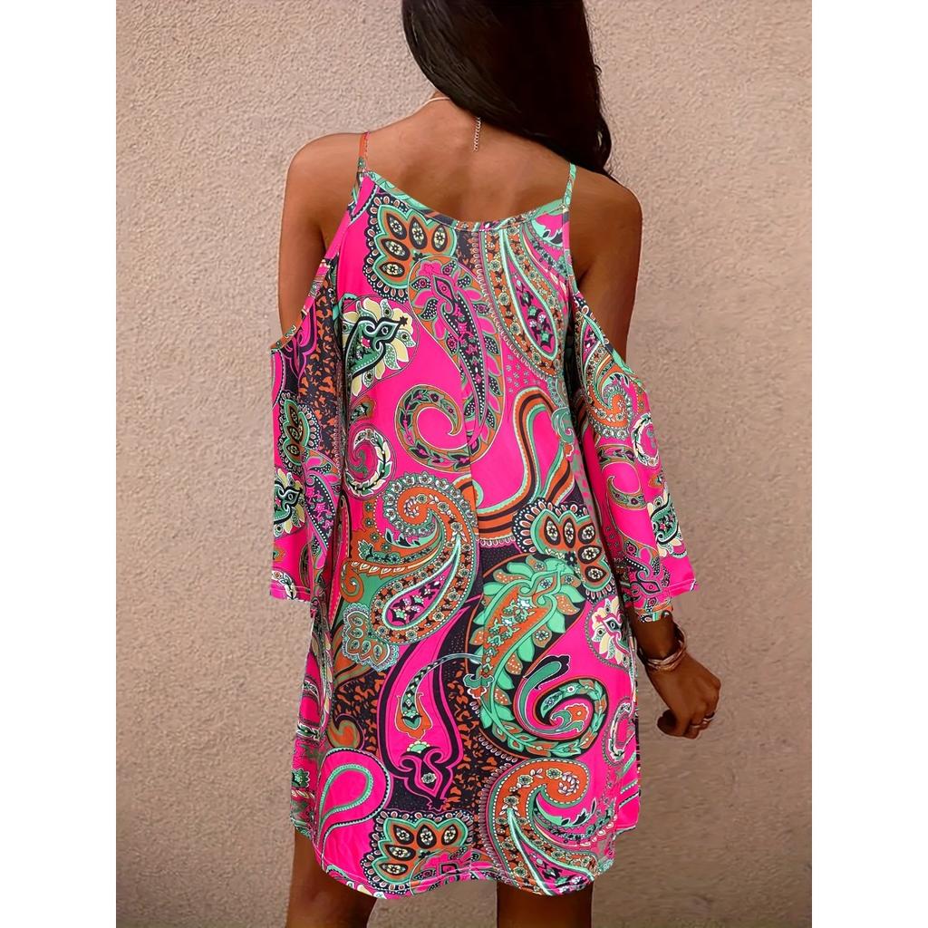 Платье свободного кроя с открытыми плечами и принтом пейсли, винтажное платье с длинными рукавами на весну и осень