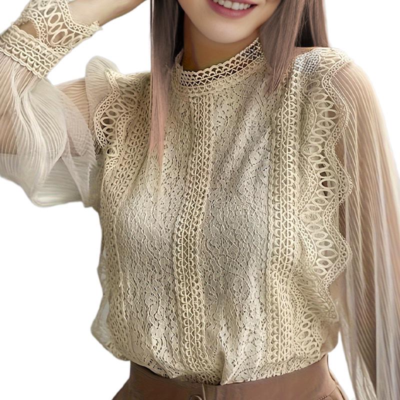 Новый элегантный однотонный сетчатый топ с длинными рукавами и буфами из кружева для женщин