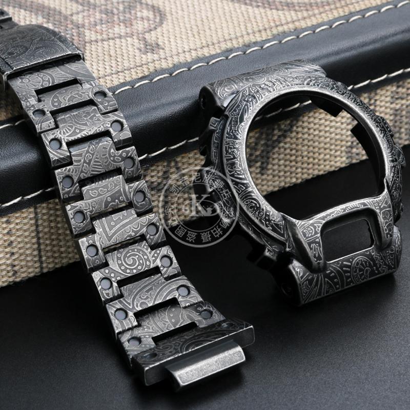 Винтажный резной безель и ремешок для часов Casio G-Shock DW6900 DW-6903. Металлический корпус часов, безель, браслет из нержавеющей стали 316