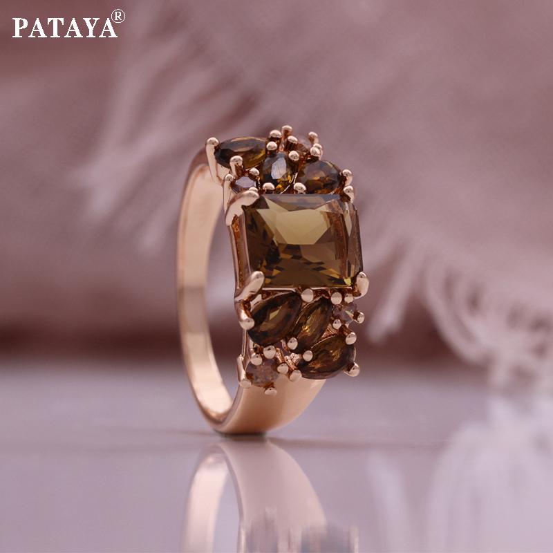 PATAYA Rose Gold Color Inlaid Camel-hued Color Artificial Zircon Earring Ring Combo Set
