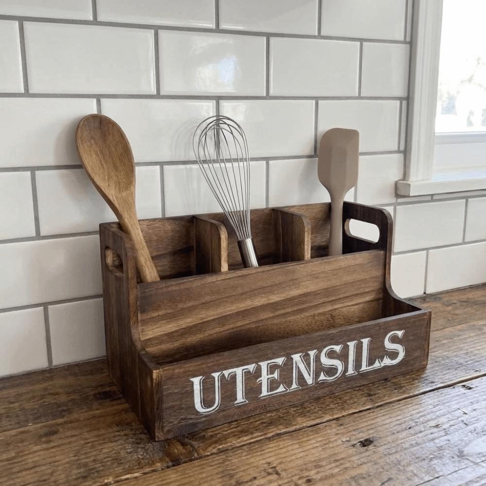 Large Capacity Spoon Fork Storage Box Wooden Cutlery Storage Box for Kitchen