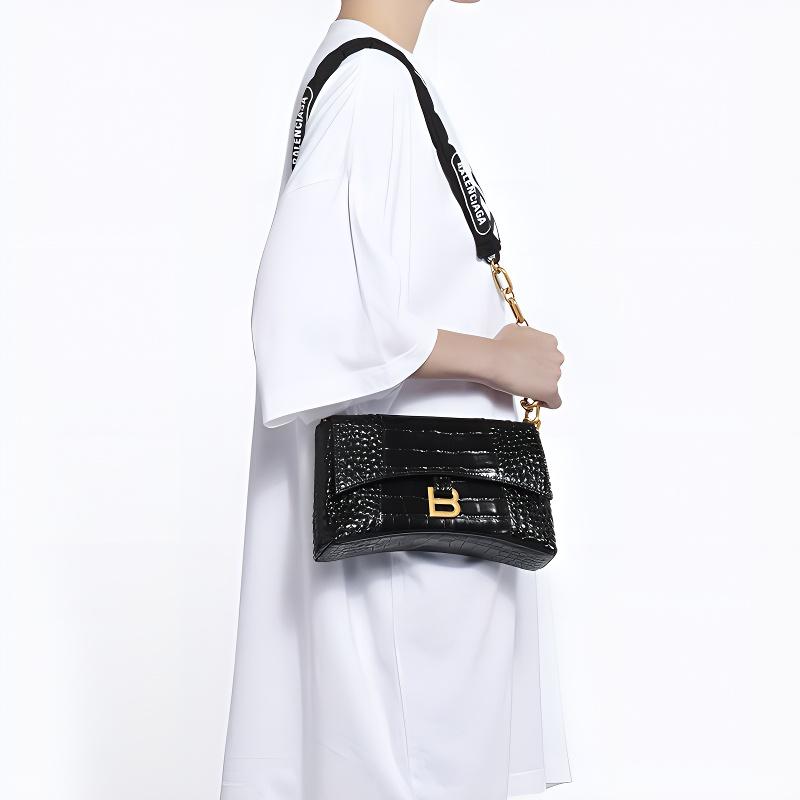 Balenciaga Downtown Flap Distressed Gold Hardware Double Soft Crocodile Leather Hourglass Crossbody Bag Women bags Black 6891212106F1090